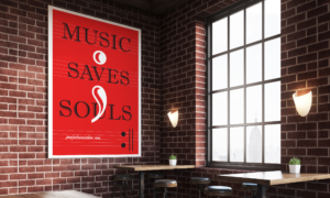 Red Background with sheet music with the words Music Saves Souls on each of the musical staffs, with a white semi colon between the music staffs.