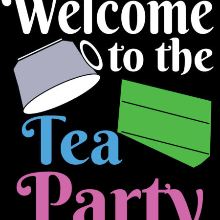 Welcome to the tea party is written in white, pink and blue, with a falling lavender tea cup and slice of green cake.