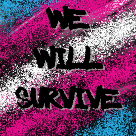 The Trans Pride flag spray painted with Large Spray painted words: We Will Survive