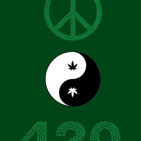 A Peace Sign made of cannabis leaves above a ying-yang with cannabis leaves as the dots. Above a 420 made of cannabis leafs against a hunter green background