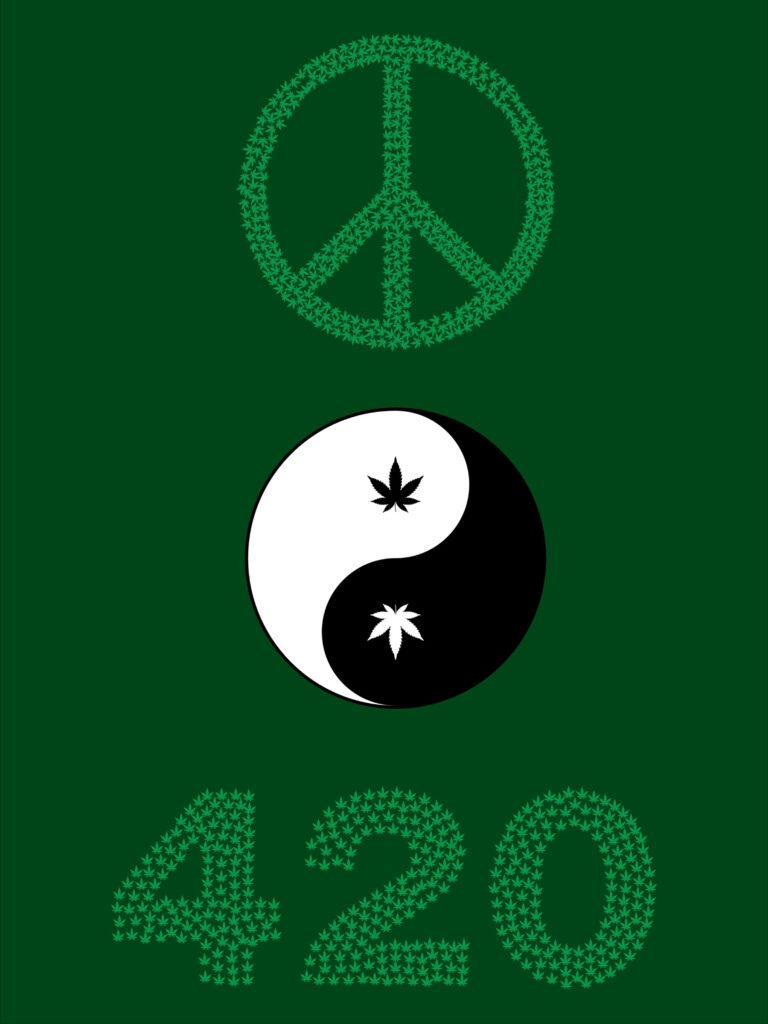 A Peace Sign made of cannabis leaves above a ying-yang with cannabis leaves as the dots. Above a 420 made of cannabis leafs against a hunter green background