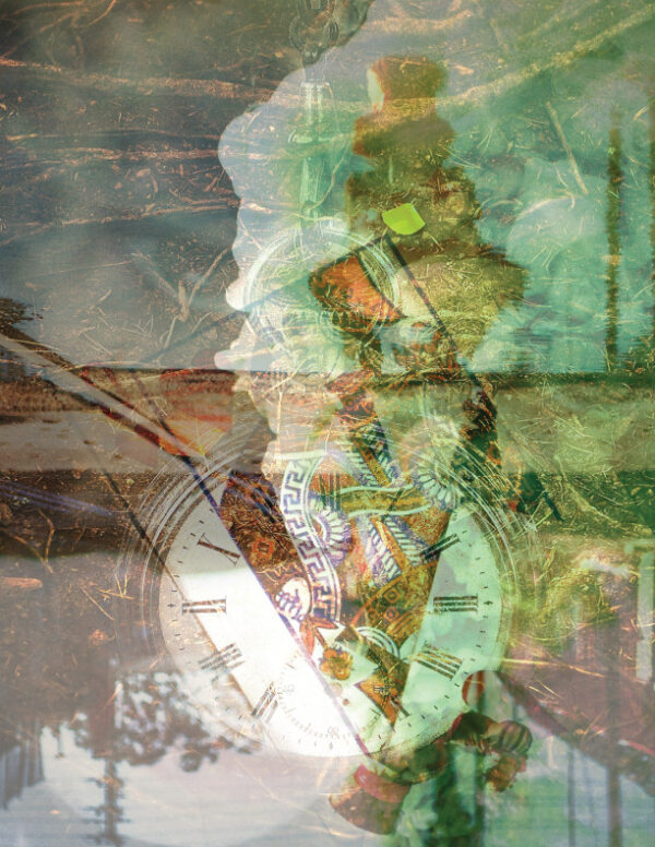 A blurry image of a man reflected in a mirror with a pocket watch and a playings are falling behind him.